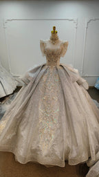 Silver Glitz Cap-Sleeve Ballgown Iridescent Beaded Bust & Sculptural Tiered Skirt