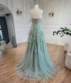 Sage Green A-Line Off The Shoulder Tulle Beaded Evening Dress Formal Prom Dress Y8157