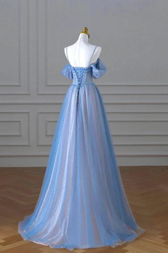 Blue Spaghetti Strap Tulle Long Prom Dress Beautiful A-Line Evening Dress Y4592