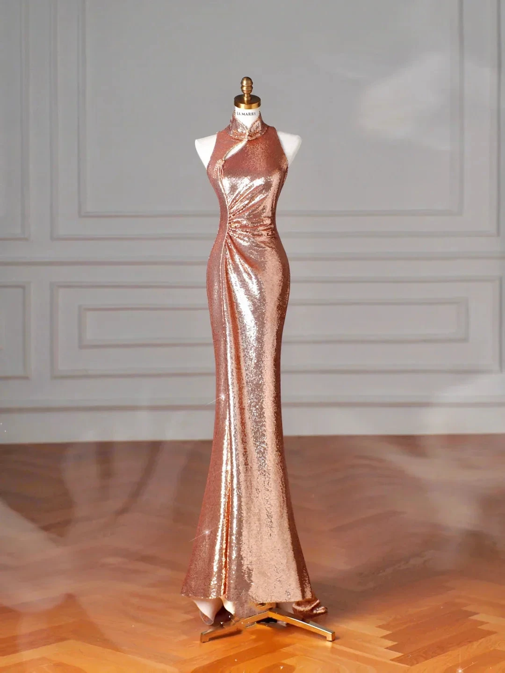 Classy Rose Gold Sequin Mermaid Long Prom Dress Backless Evening Dress Y8635
