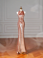 Classy Rose Gold Sequin Mermaid Long Prom Dress Backless Evening Dress Y8635