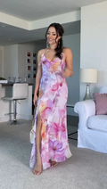Beautiful Ruffle Graphic Floral Print Low Backless Long Prom Dress Slit Party Evening Dress Y8099
