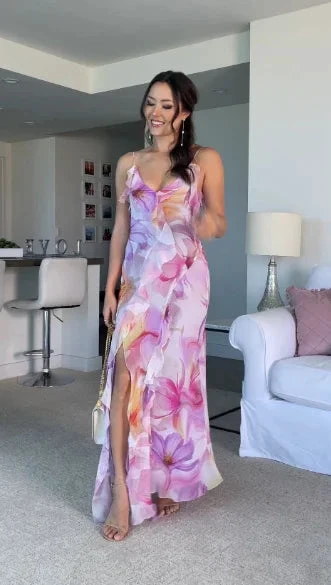 Beautiful Ruffle Graphic Floral Print Low Backless Long Prom Dress Slit Party Evening Dress Y8099