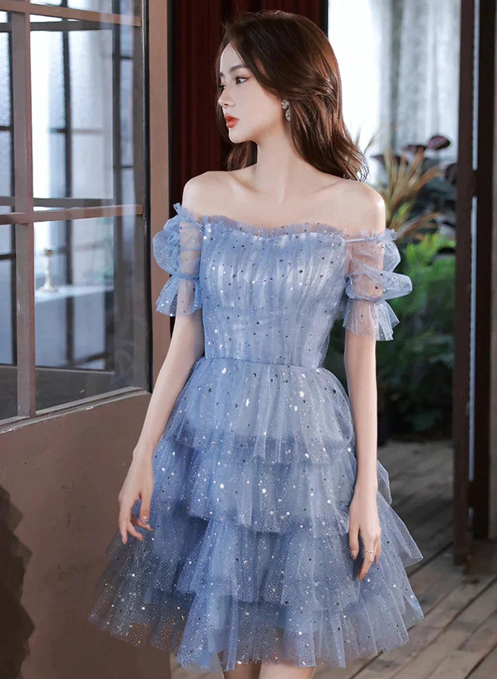 Blue Short Layers Tulle Formal Dress Blue Off Shoulder Homecoming Dress Party Dress Y1975
