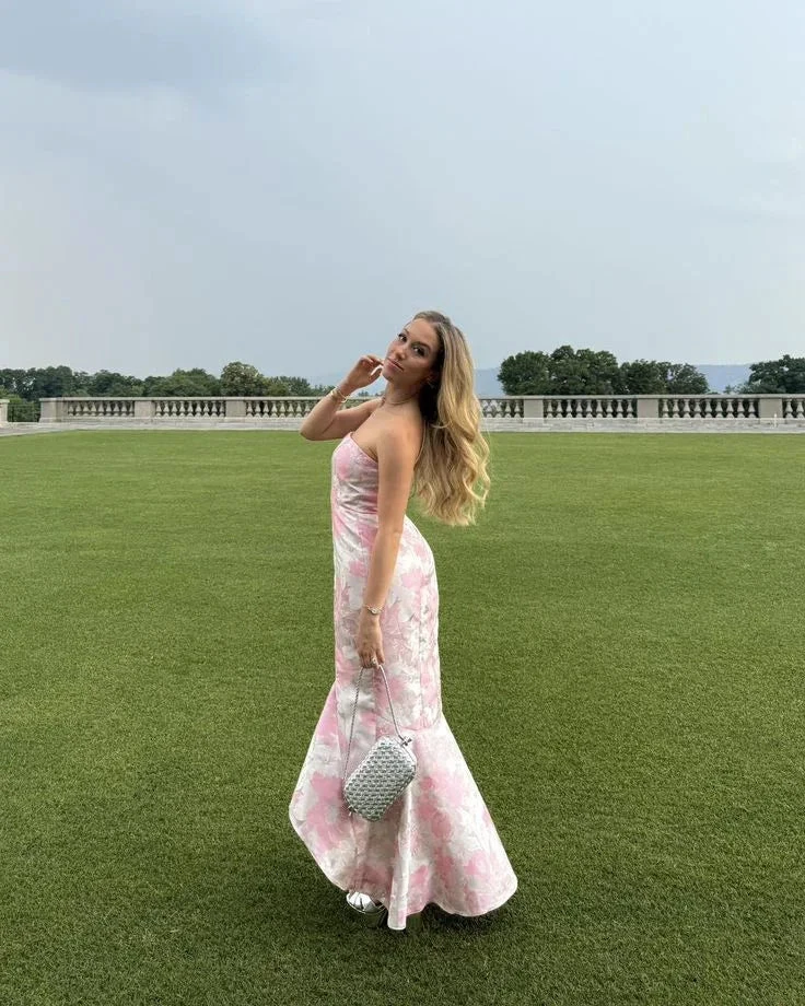 Sweet Pink Satin Print Floral Evening Dress Mermaid Prom Dress Y7828