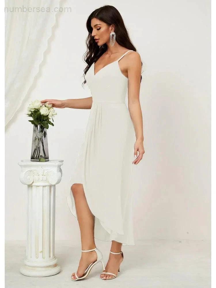 Numbersea Spaghetti Chiffon V Neck Bridesmaid Dress Mid-Length Slit Formal Prom Dress Homecoming Dress 2803