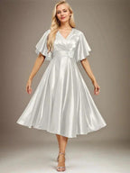 A-line V-Neck Tea-Length Stretch Satin Mother of the Bride Dress With Beading Pleated