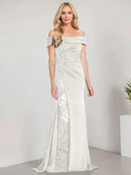 A-Line Off the Shoulder Floor-Length Mother of the Bride Dress Applique Beadings Mermaid Dress With  High Split