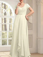 A-line Sweetheart Floor-Length Chiffon Lace Mother of the Bride Dress With Beading Cascading Ruffles