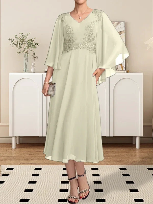 A-line V-Neck Tea-Length Chiffon Lace Mother of the Bride Dress With Beading Sequins