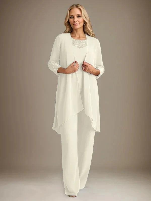 Chiffon Scoop Long Sleeves Mother Of The Bride Pantsuits With Jacket