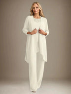 Chiffon Scoop Long Sleeves Mother Of The Bride Pantsuits With Jacket