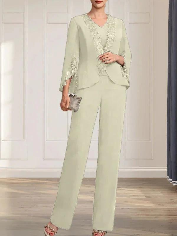 Separates Jumpsuit/Pantsuit V-Neck Floor-Length Chiffon Mother of the Bride Dress