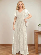 A-Line V-Neck Asymmetrical Lace Mother of the Bride Dress With Cascading Ruffles