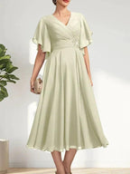 A-line V-Neck Tea-Length Chiffon Mother of the Bride Dress With Pleated Beading