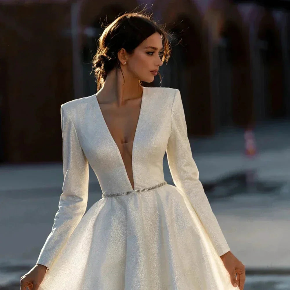 Ivory V Neck Full Sleeve Wedding Dresses Empire Stretch Satin Prom Gowns Zipper Back Summer New Luxury Vestidos De Novia
