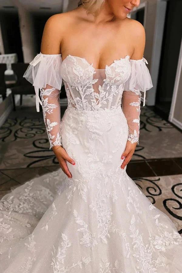 Ivory Floral Trumpet Wedding Dress with Detachable Sleeves WD723