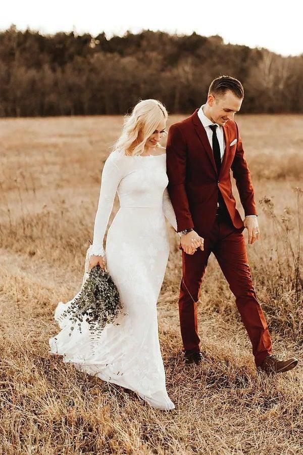 Ivory Long Sleeve Rustic Wedding Dresses Backless Sheath Beach Wedding Dress  WD384