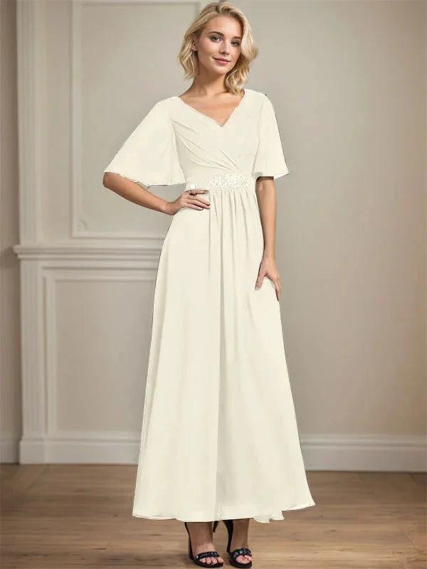 A-line V-Neck Ankle-Length Chiffon Mother of the Bride Dress With Pleated Beading Sequins