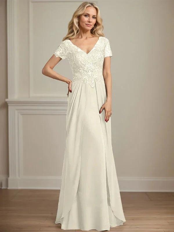 A-line V-Neck Floor-Length Chiffon Lace Mother of the Bride Dress
