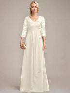 A-line V-Neck Floor-Length Lace Chiffon Mother of the Bride Dress With Cascading Ruffles Sequins