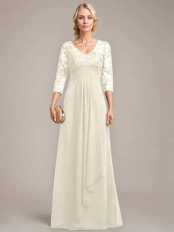 A-line V-Neck Floor-Length Lace Chiffon Mother of the Bride Dress With Cascading Ruffles Sequins