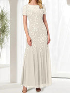 Blue Mermaid Round Neck Long Mother of the Bride Dress With Beadings
