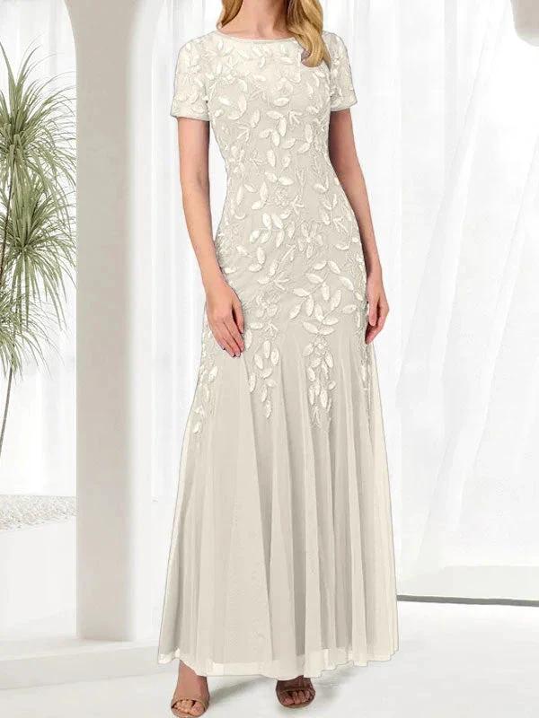 Blue Mermaid Round Neck Long Mother of the Bride Dress With Beadings