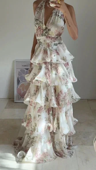 Glamorous Chiffon Print Floral A Line Backless Prom Dress V Neck Halter Layered Evening Dress Y8501