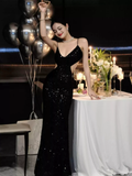 Black Sequins Sparkling Evening Dress Sexy Backless Evening Gown Y1124