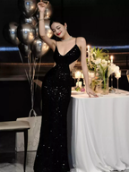 Black Sequins Sparkling Evening Dress Sexy Backless Evening Gown Y1124