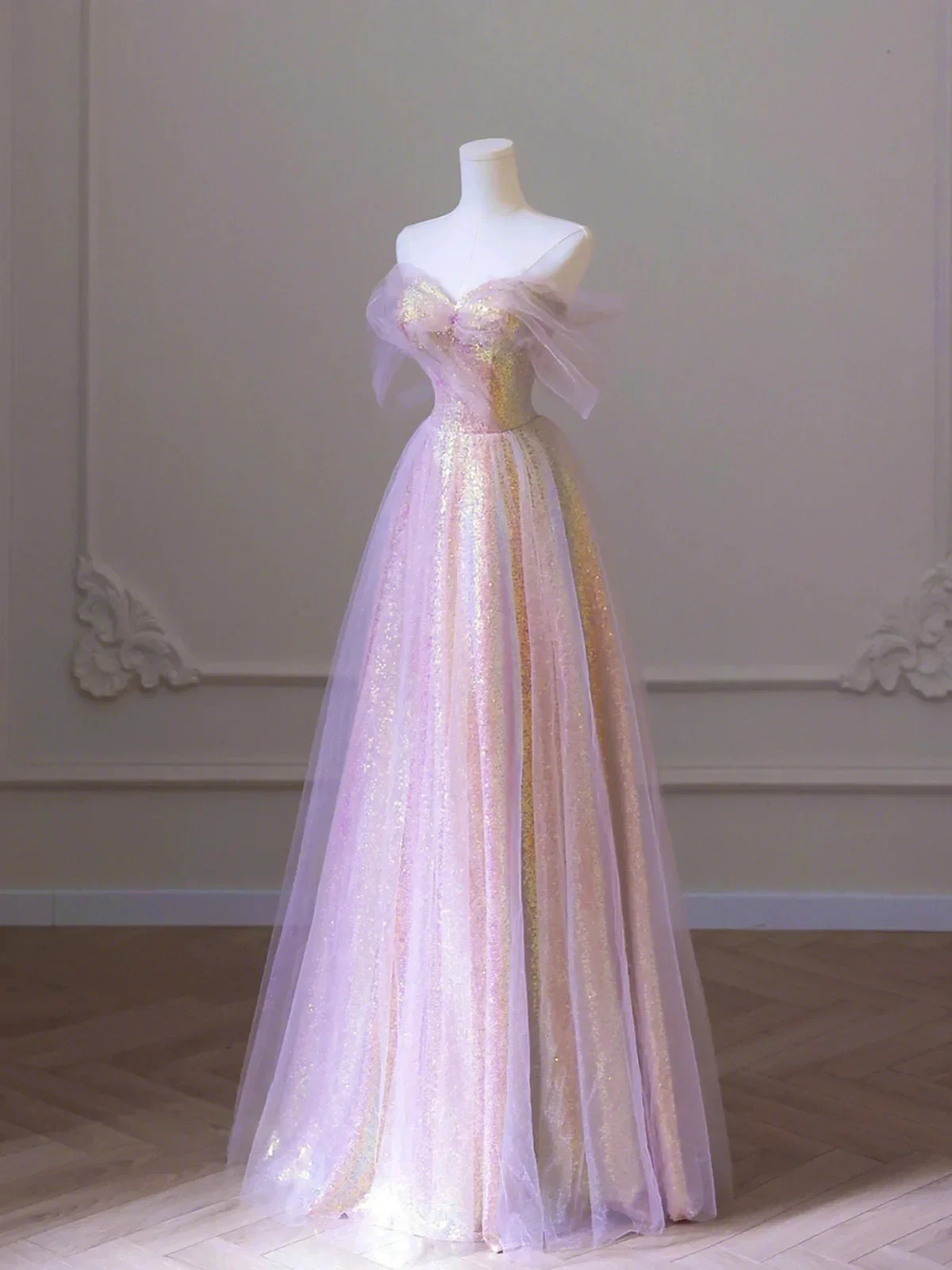 Shiny Tulle Sequins Long Prom Dress, A-Line Off the Shoulder Evening Dress Y1416