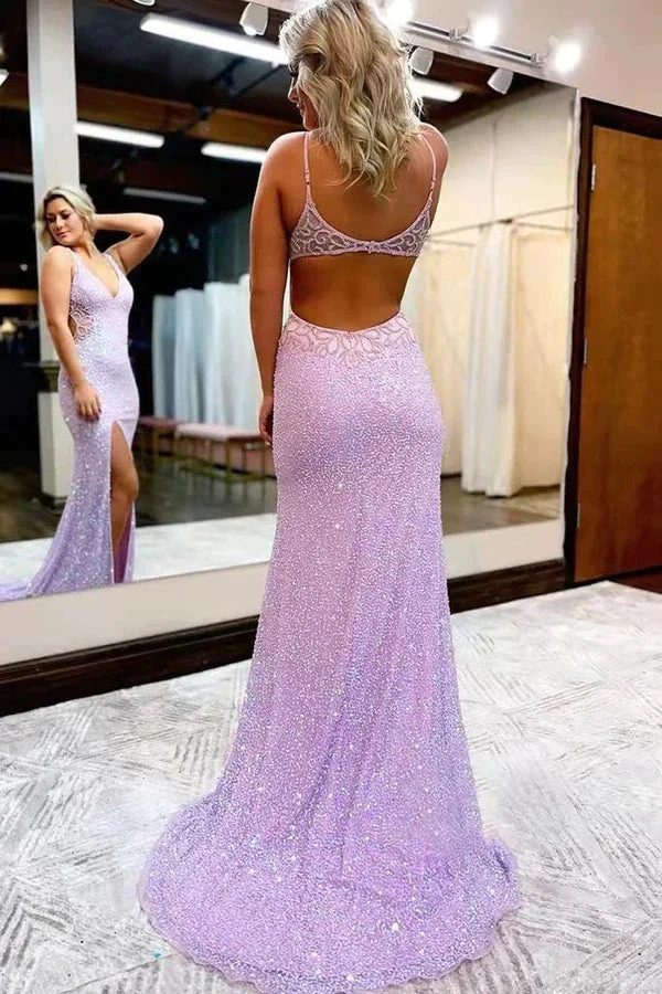 New Style V Neck Sleeveless Long Prom Dress Sparkly Sequined Evening Dress with Slit Y1004