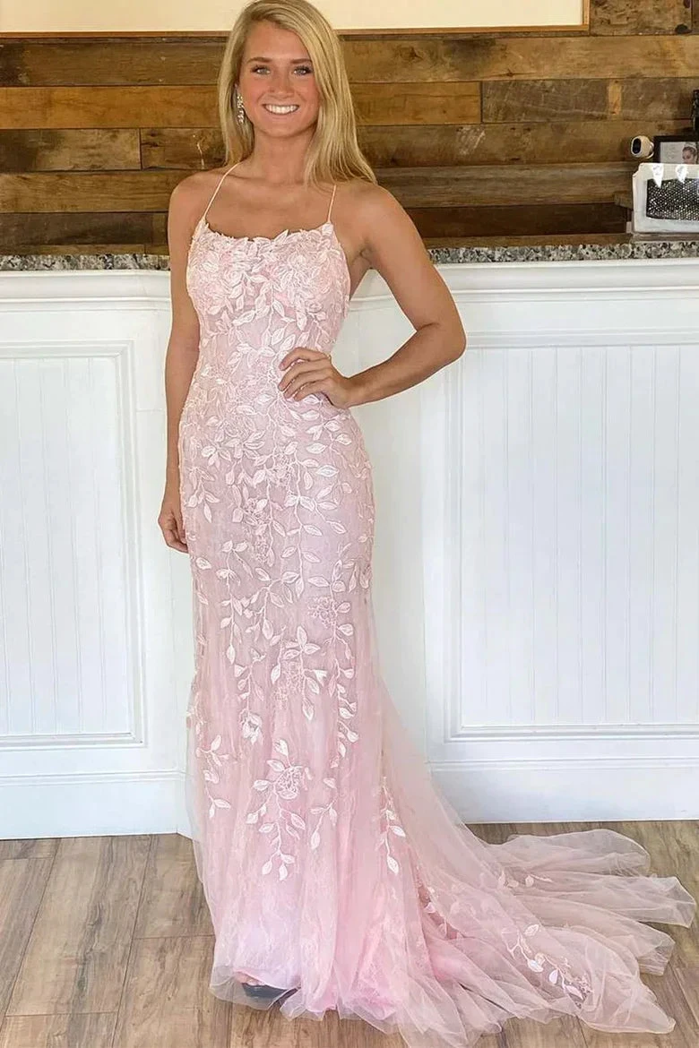 Pink Mermaid Lace Tulle Prom Dress Lace-up Back Evening Dress Y2902