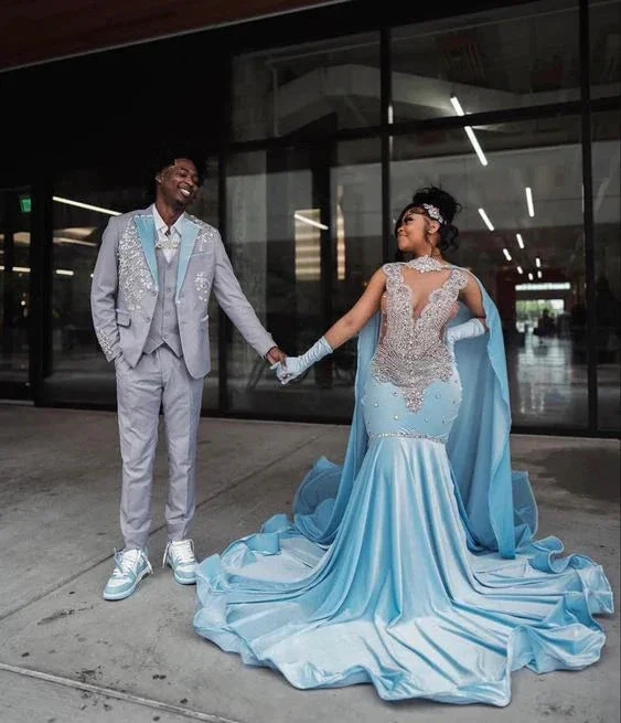 Sky Blue Velvet Silver Crystal Evening Dress Luxurious Evening Gown Y5764