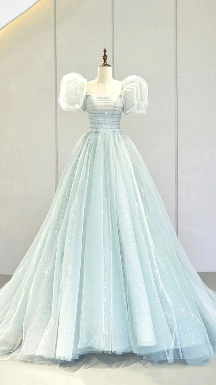 A-Line Puff Sleeves Blue Long Prom Dress, Tulle Formal Evening Dress Y2932