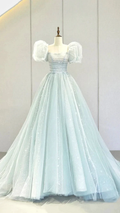 A-Line Puff Sleeves Blue Long Prom Dress, Tulle Formal Evening Dress Y2932