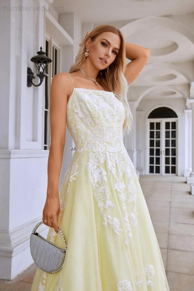 Ladies Spaghetti Strap V Neck Tulle Lace Floor Length Homecoming Dress Prom Wedding Evening Dress 28112