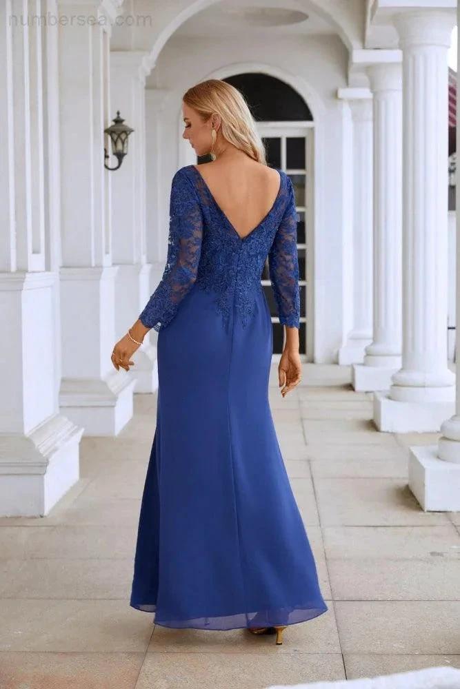 Women's Chiffon V Neck Embroidery Long Sleeve Front Slit Bridesmaid Dresses Wedding Party Prom Evening Dress SY28130