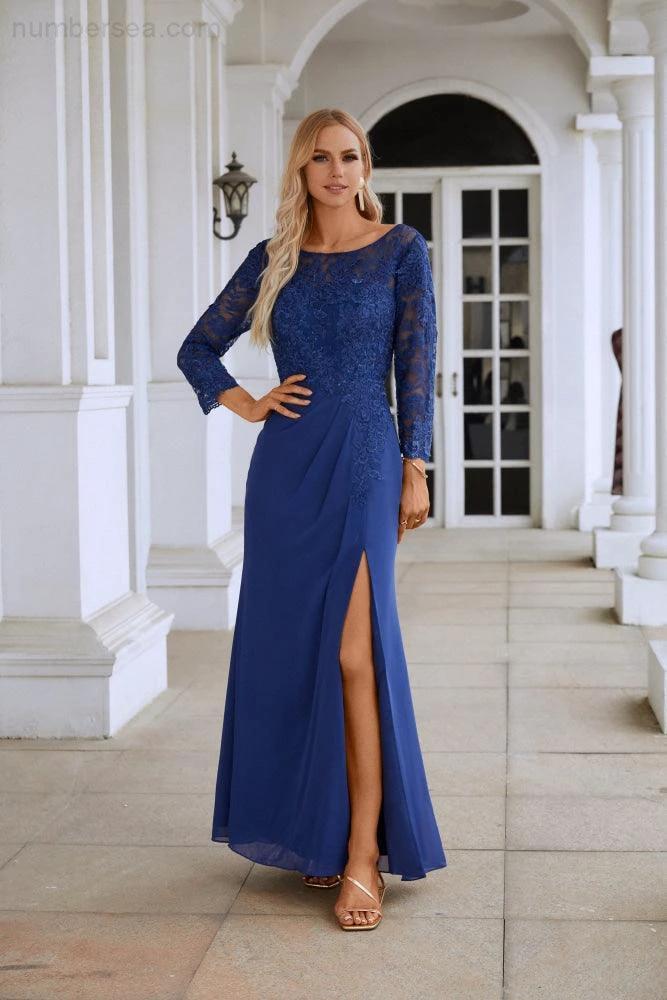 Women's Chiffon V Neck Embroidery Long Sleeve Front Slit Bridesmaid Dresses Wedding Party Prom Evening Dress SY28130