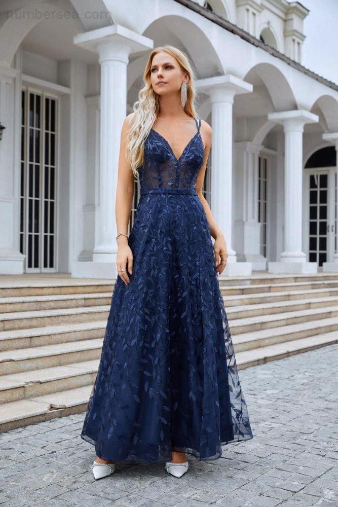 Ladies Spaghetti Strap Embroidery V Neck Front Slit Bridesmaid Dress Party Wedding Evening Dress 28089