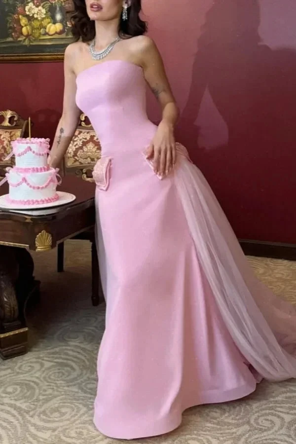 Sweet Pink Strapless Bow-Knot Long Prom Dress,Tulle Satin Evening Dress Y8053