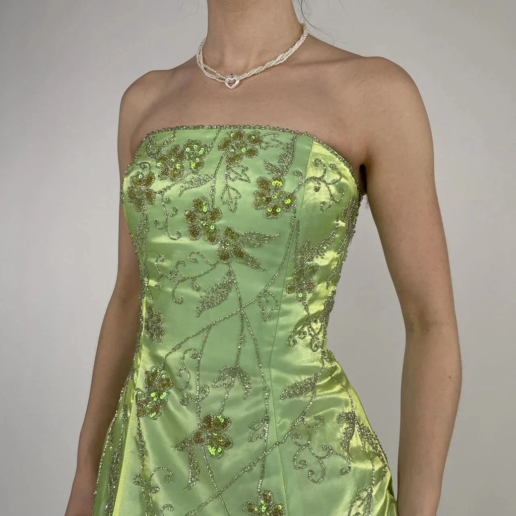 Strapless Green Satin Beaded A Line Prom Dress Evening Dress Y8412