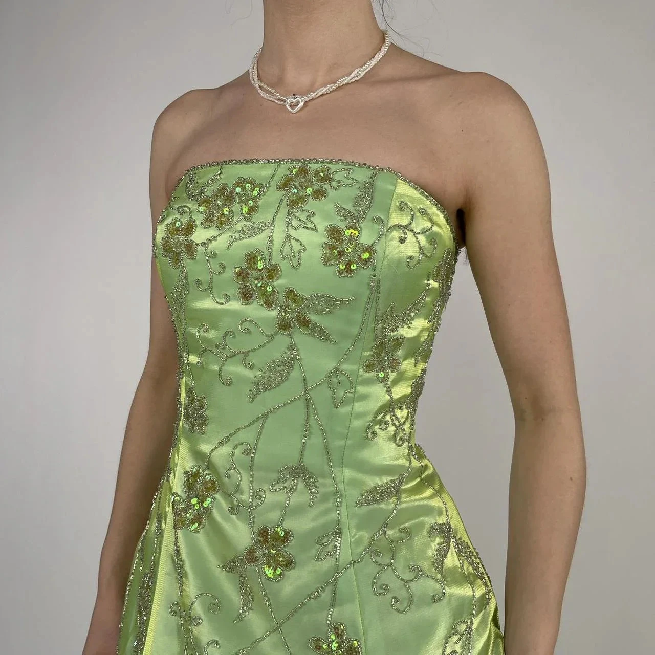 Strapless Green Satin Beaded A Line Prom Dress Evening Dress Y8412