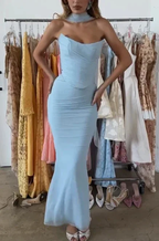 Sexy Strapless Blue Chiffon Prom Dress Mermaid Party Evening Gown Y8175