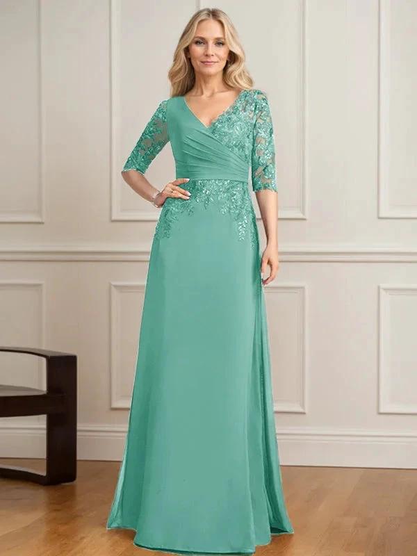 A-line V-Neck Floor-Length Lace Chiffon Mother of the Bride Dress With Pleated Sequins