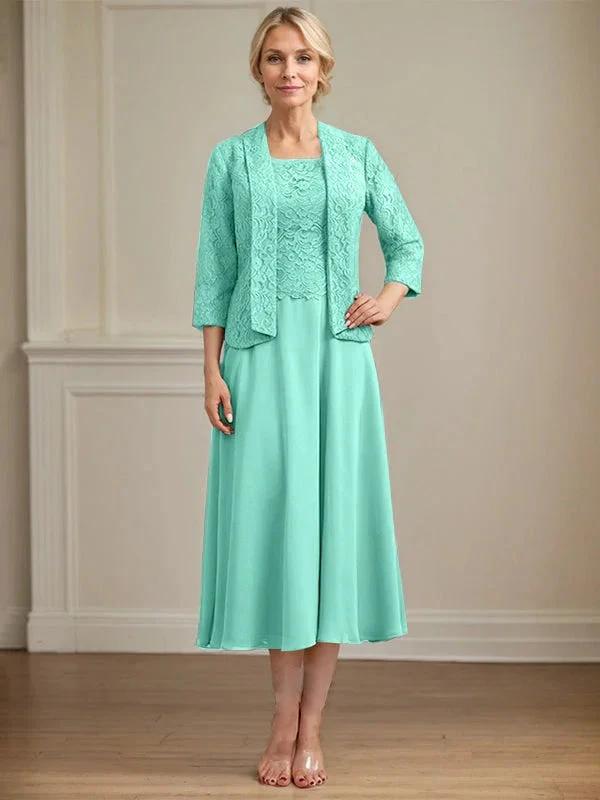 A-line Scoop Tea-Length Lace Chiffon Mother of the Bride Dress