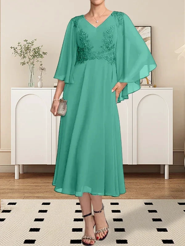 A-line V-Neck Tea-Length Chiffon Lace Mother of the Bride Dress With Beading Sequins