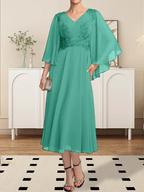 A-line V-Neck Tea-Length Chiffon Lace Mother of the Bride Dress With Beading Sequins