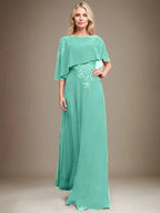 A-line Scoop Floor-Length Chiffon Lace Mother of the Bride Dress With Sequins Beading